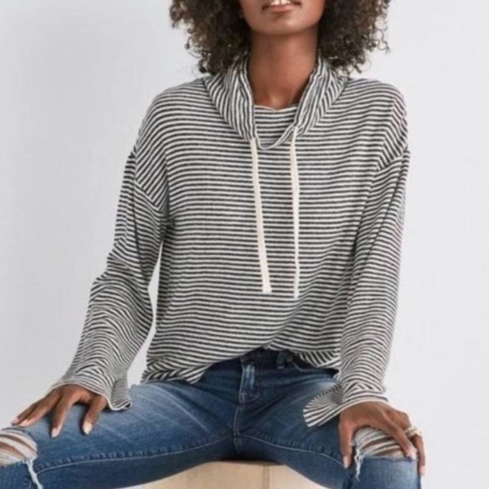 Lucky Brand Bonnie Chance Cowl Neck Beige Striped Sweater